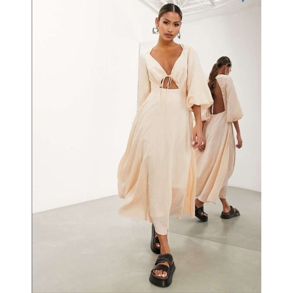 Asos Edition Cream Dress Women Sz 10 M Balloon Sleeve Mid  cut outs  Renaissance